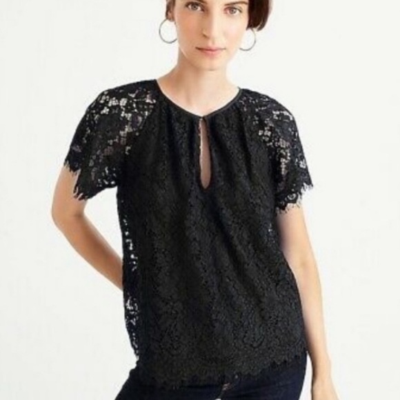 J. Crew Black Lace Keyhole Short Scalloped Sleeve Top - S - Picture 2 of 14